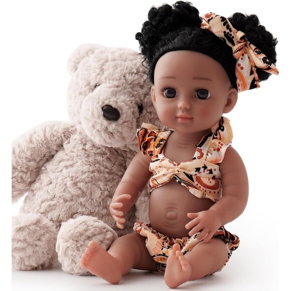 Reborn Baby Doll Black 15 Inch Lifelike Doll with Soft Curly Hair Realistic - Picture 1 of 9